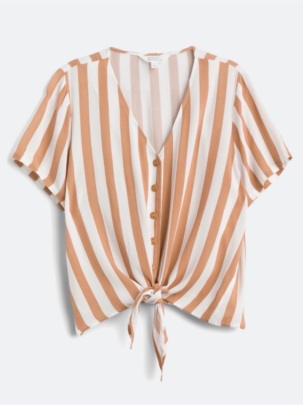Striped Tie-Front V-Neck Top - White & Yellow Size Large